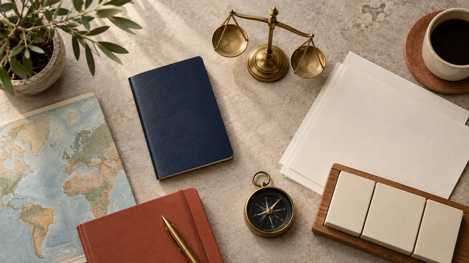 Passport, balanced scales and compass representing legal and tax planning