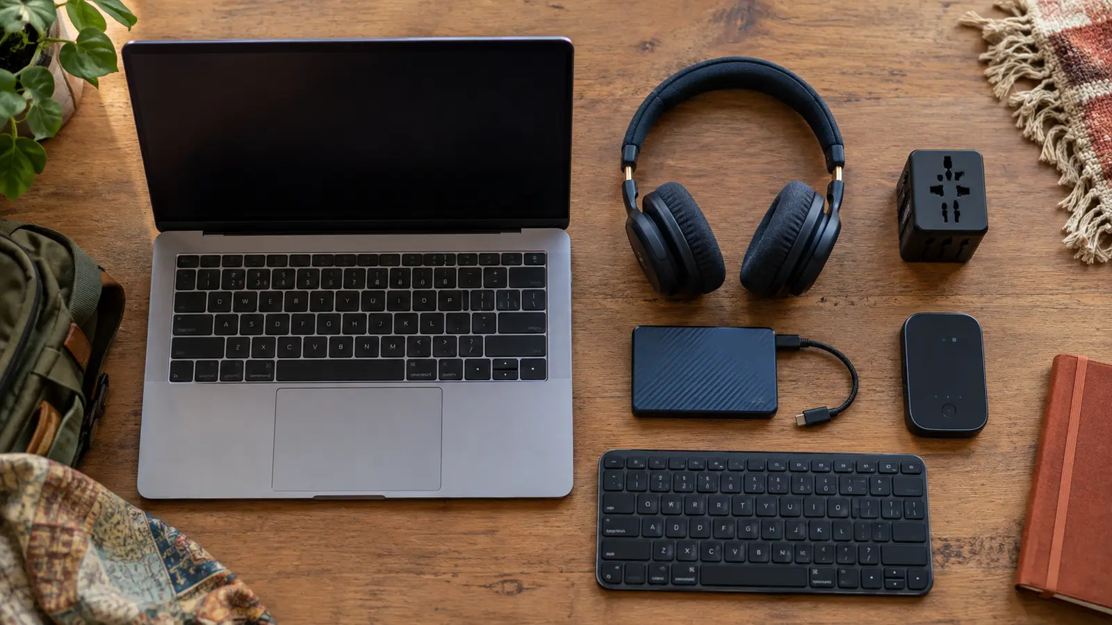 A complete portable work setup arranged on a desk
