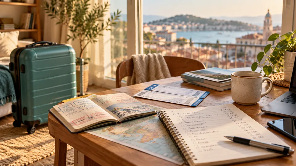 Moving abroad costs laid out with a suitcase, itinerary and notebook