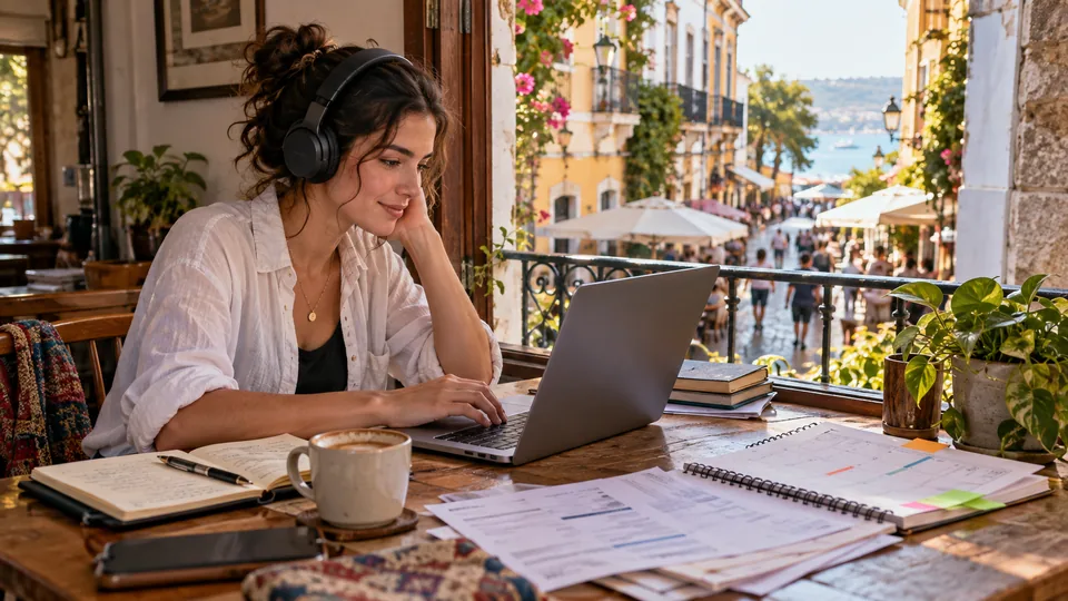 Remote worker reviewing income plans at a café